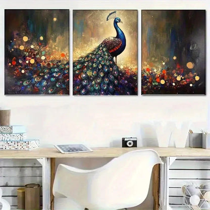 3pcs Majestic Peacock with Sparkling Tail Metal Print Ready to Hang Art