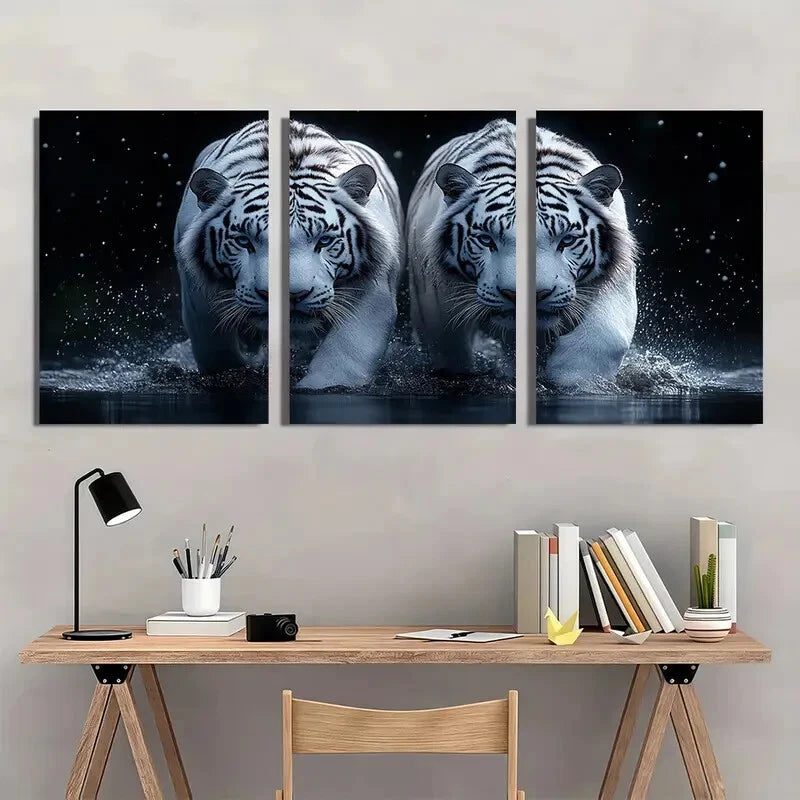 3pcs White Tigers Black Backg Animal Themed Metal Print Ready to Hang Art