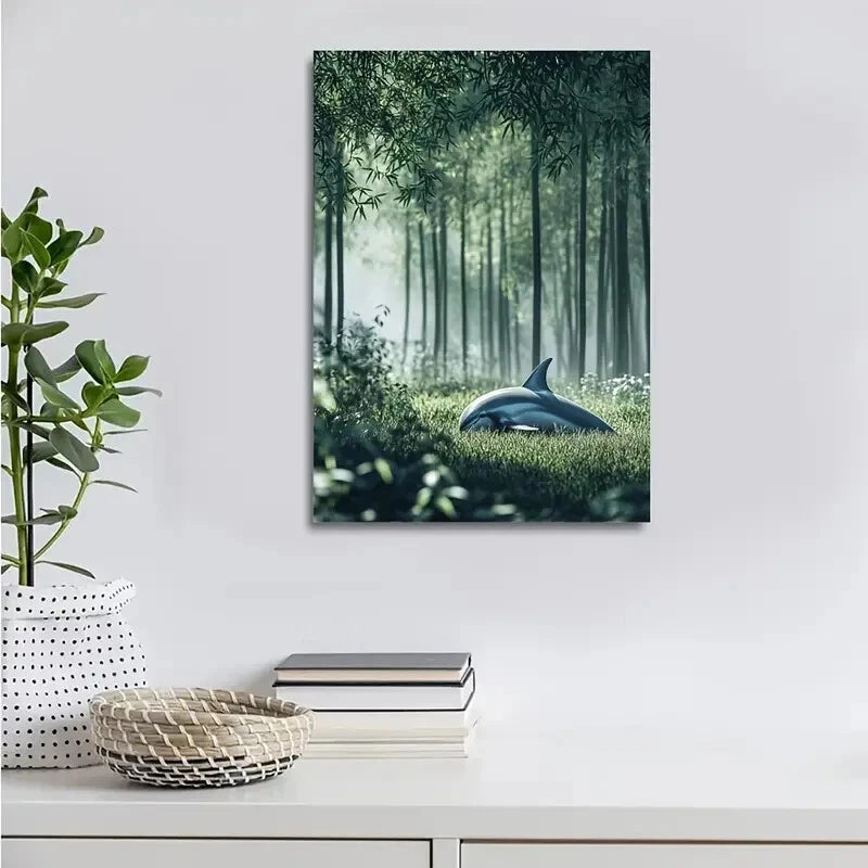 Serene Dolphin & Bamboo Grove Scene Painting 40x60cm Metal Print Ready to Hang