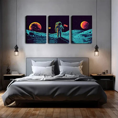 3pcs Astronaut Landing on Moon Triptych Wall Art Set Canvas Unframed - High Quality Print 100% Australian Made Wall Canvas