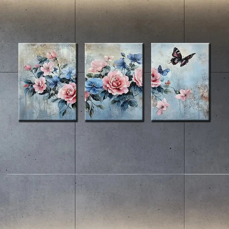 3pcs Flowers & Butterflies Oil Painting Metal Print Ready to Hang Art
