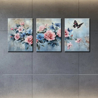 3pcs Flowers & Butterflies Oil Painting Metal Print Ready to Hang Art