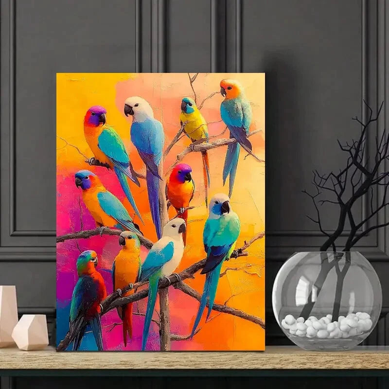 Colorful Painting of Many Beautiful Parrots Sitting 40x60cm Metal Print Ready to Hang