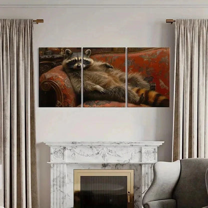 3pcs Raccoon Lying In Ornate Armchair Wall Art Set Canvas Framed 40x60cm - High Quality Print 100% Australian Made Wall Canvas Ready to Hang