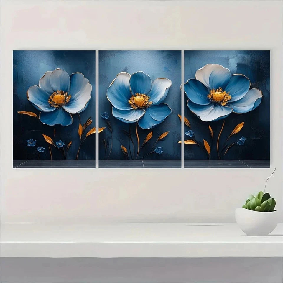 3pcs Modern Luxury Light Blue And Golden Abstract Metal Print Ready to Hang Art