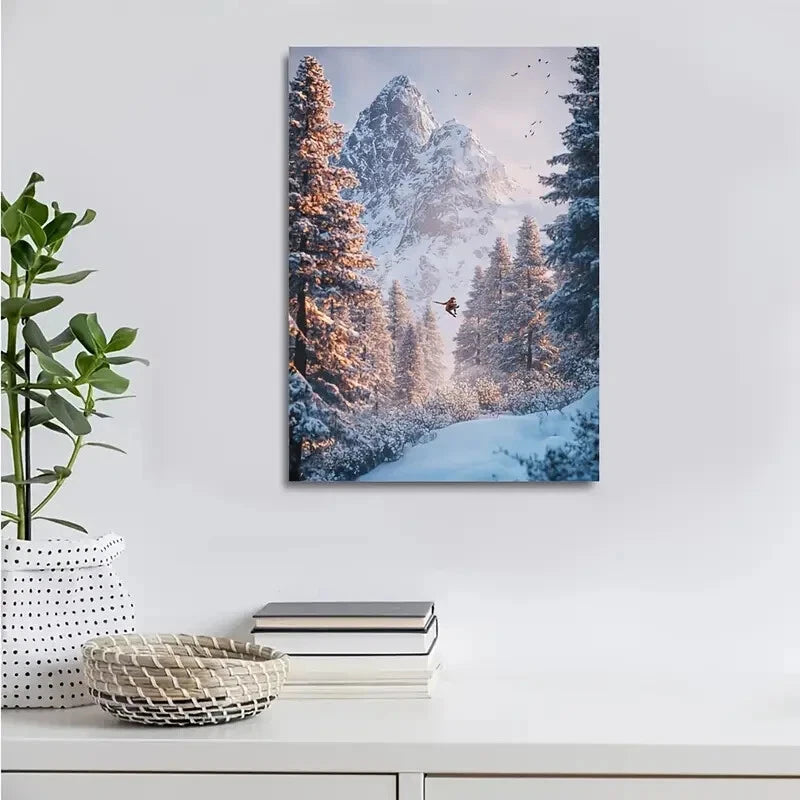 Beautiful Snowy Mountain Squirrel Scene Pine Painting 40x60cm Metal Print Ready to Hang