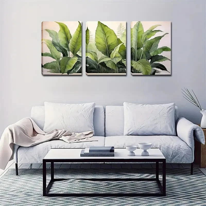 3pcs Tropical Green Banana Leaf Decoration Wall Art Set Canvas Framed 40x60cm - High Quality Print 100% Australian Made Wall Canvas Ready to Hang