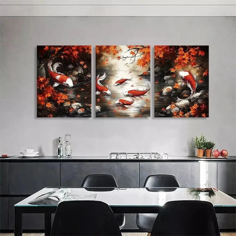 3pcs Japanese Koi Fish Japanese Koi Fish Perfect Wall Art Set Canvas Framed 40x60cm - High Quality Print 100% Australian Made Wall Canvas Ready to Hang