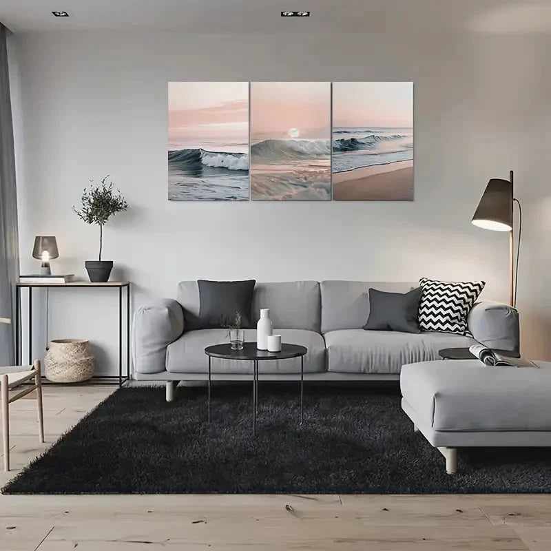 3pcs Beach Sunset Ocean Waves and Sky Metal Print Ready to Hang Art