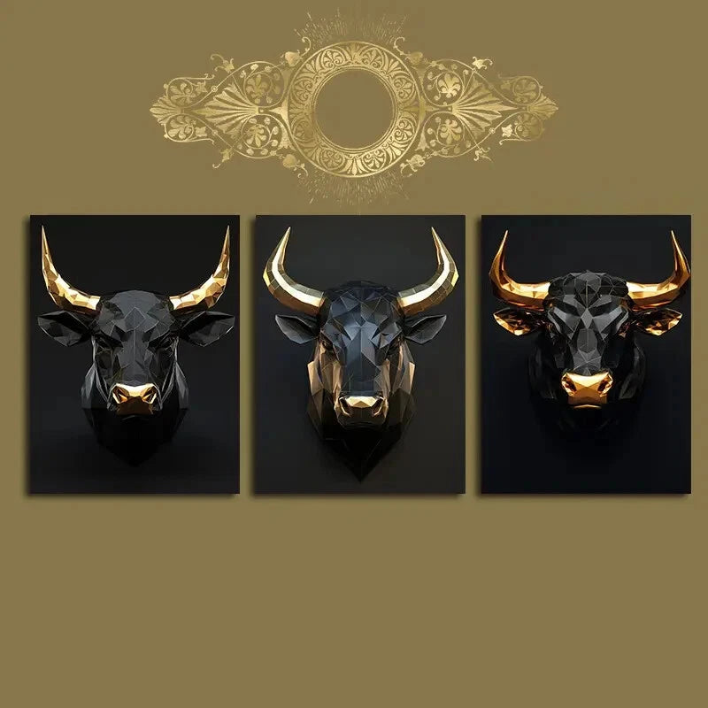 3pcs Black and Gold Bulls Modern Metal Print Ready to Hang Art