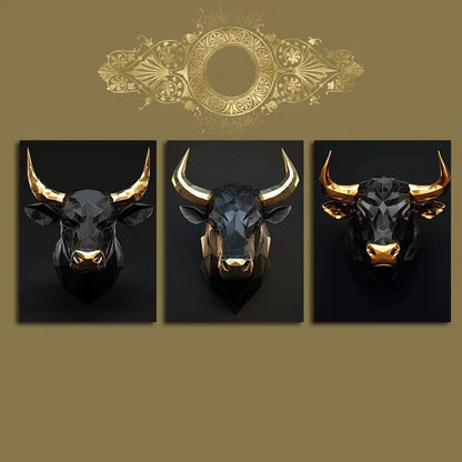 3pcs Black and Gold Bulls Modern Metal Print Ready to Hang Art