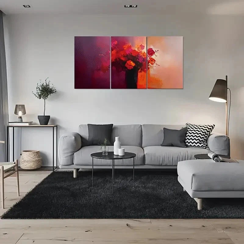 3pcs Abstract Red Floral Painting Metal Print Ready to Hang Art