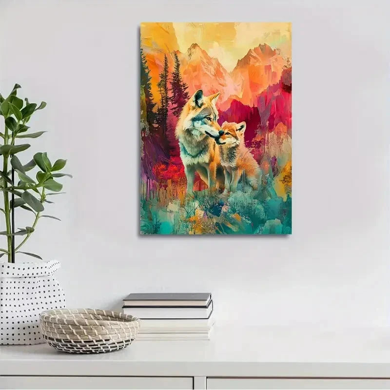 Abstract Art Scene With a Wolf Family In The Mountains  40x60cm Metal Print Ready to Hang