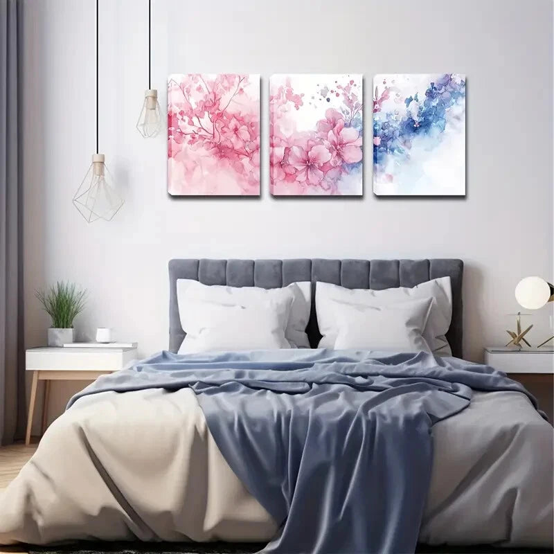 3pcs Pink Floral & Blue Watercolor Perfect Wall Art Set Canvas Framed 40x60cm - High Quality Print 100% Australian Made Wall Canvas Ready to Hang
