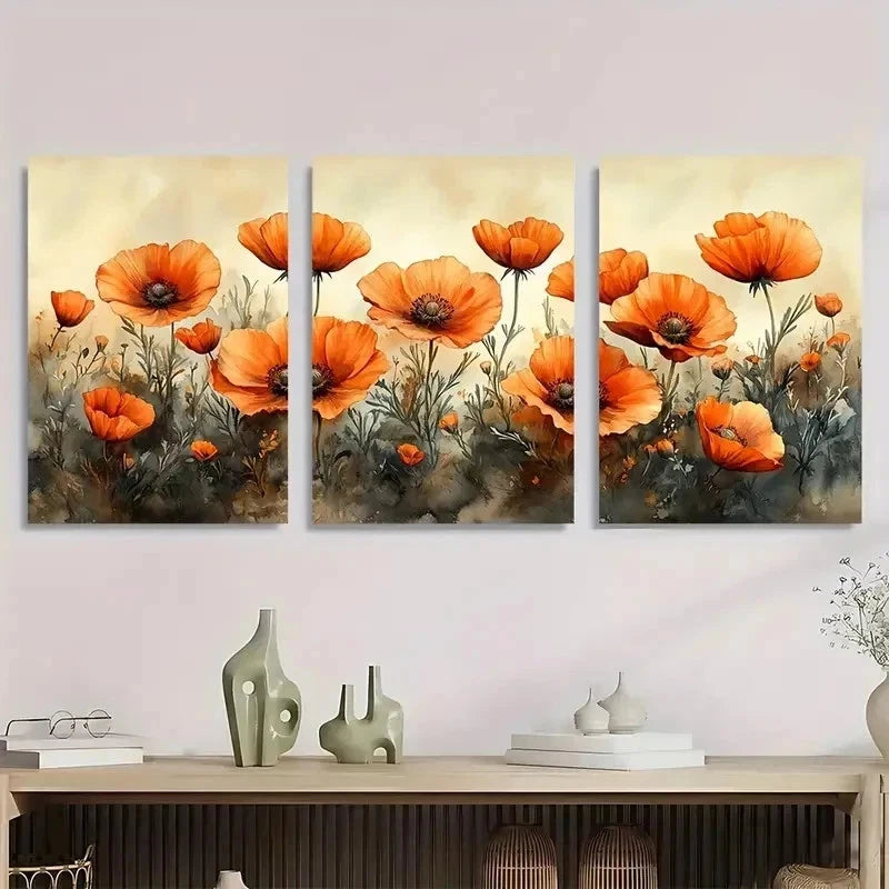 3pcs Vibrant Orange Poppies Blooming Perfect Wall Art Set Canvas Framed 40x60cm - High Quality Print 100% Australian Made Wall Canvas Ready to Hang