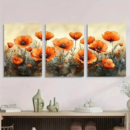 3pcs Vibrant Orange Poppies Blooming Perfect Wall Art Set Canvas Framed 40x60cm - High Quality Print 100% Australian Made Wall Canvas Ready to Hang