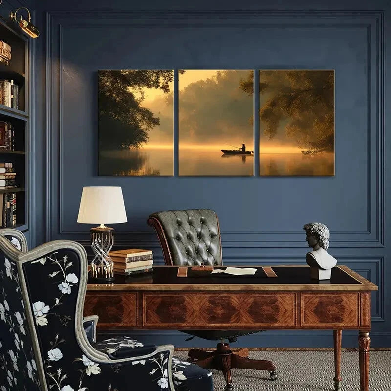 3pcs Golden Sunset Fishing Scene Serene Lake Metal Print Ready to Hang Art