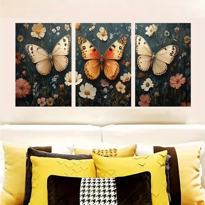 3pcs Victorian Butterfly Elegant Wildflowers Wall Art Set Canvas Framed 50x70cm - High Quality Print 100% Australian Made Wall Canvas Ready to Hang