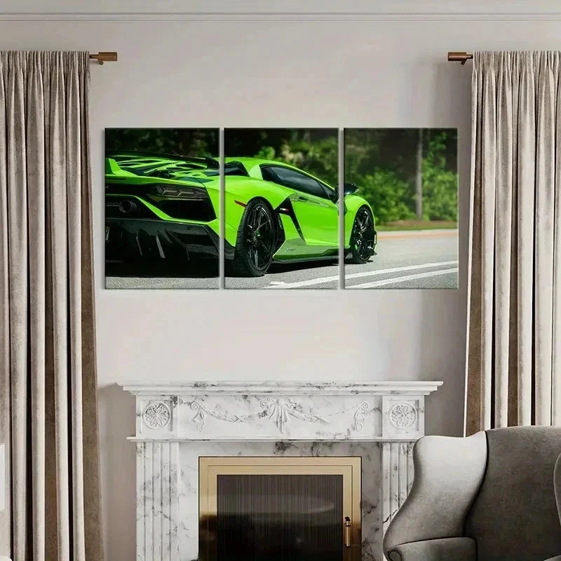 3pcs Green Sports Car & Super Car Themed Wall Art Set Canvas Framed 40x60cm - High Quality Print 100% Australian Made Wall Canvas Ready to Hang