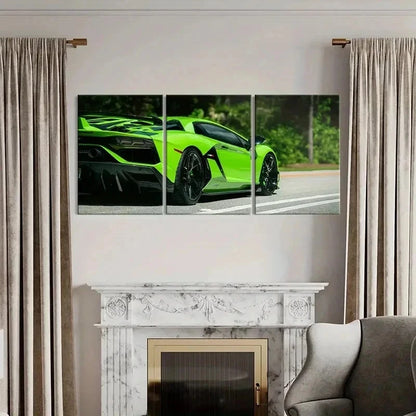 3pcs Green Sports Car & Super Car Themed Wall Art Set Canvas Framed 40x60cm - High Quality Print 100% Australian Made Wall Canvas Ready to Hang