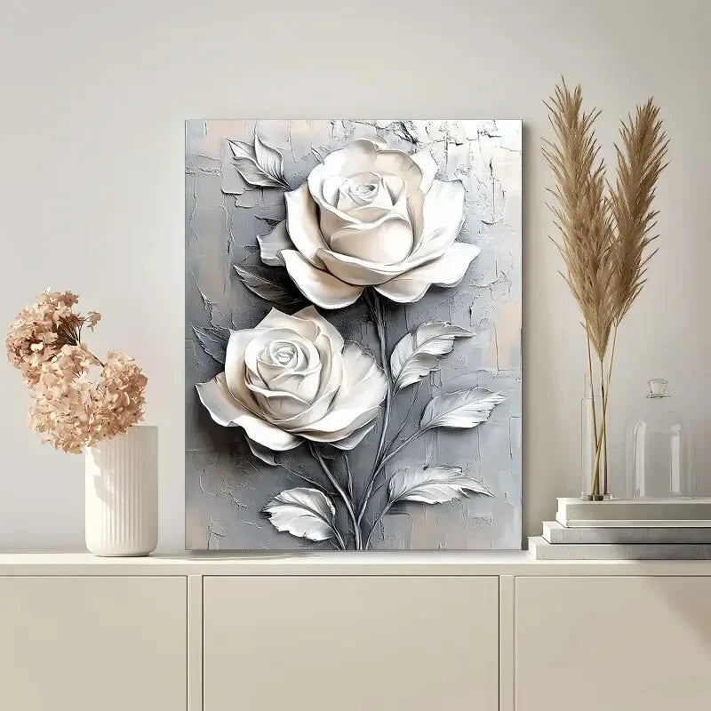 Elegant White Roses Gray Background 40x60cm Metal Print Ready to Hang