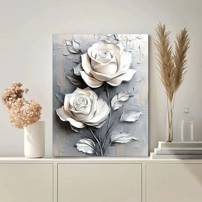 Elegant White Roses Gray Background 40x60cm Metal Print Ready to Hang