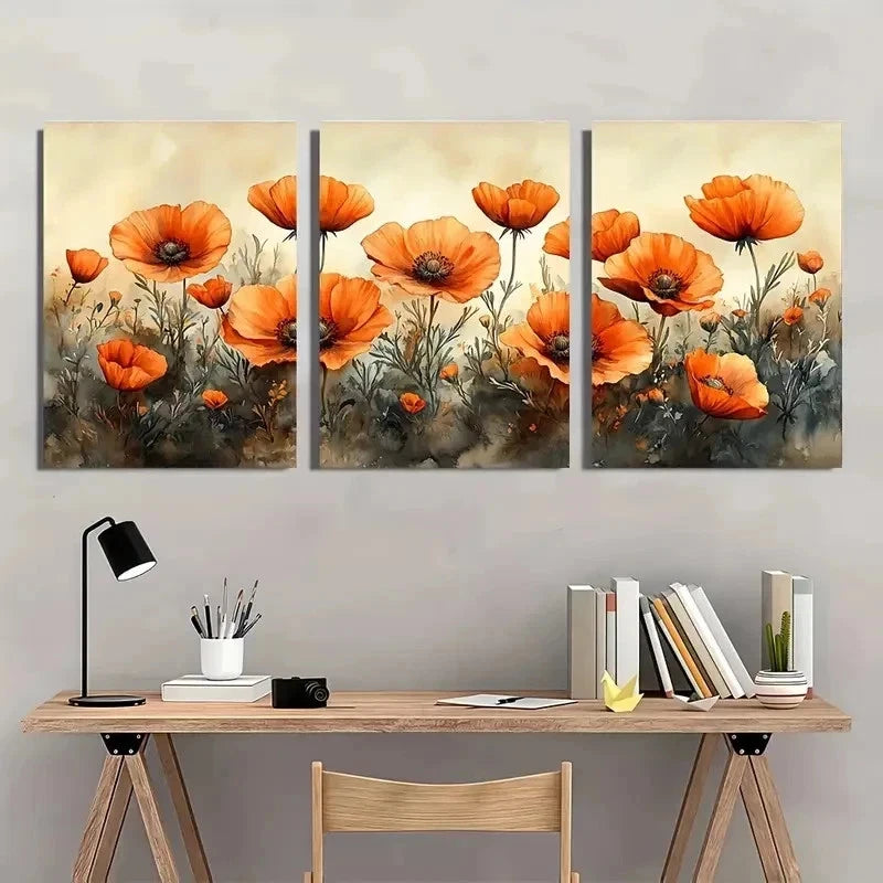 3pcs Vibrant Orange Poppies Blooming Perfect Wall Art Set Canvas Framed 40x60cm - High Quality Print 100% Australian Made Wall Canvas Ready to Hang