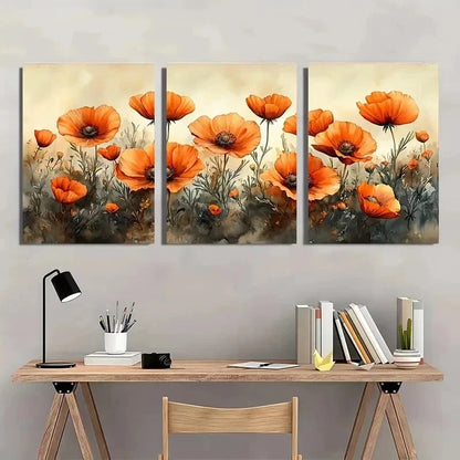 3pcs Vibrant Orange Poppies Blooming Perfect Wall Art Set Canvas Framed 40x60cm - High Quality Print 100% Australian Made Wall Canvas Ready to Hang