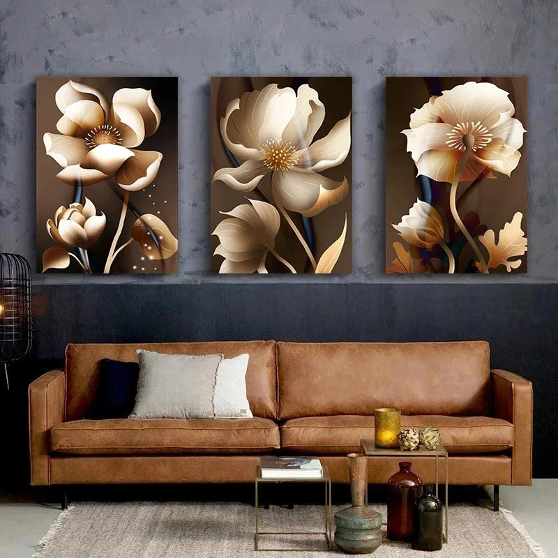 3pcs Elegant Floral Beige & Golden Print Ready to Hang Art