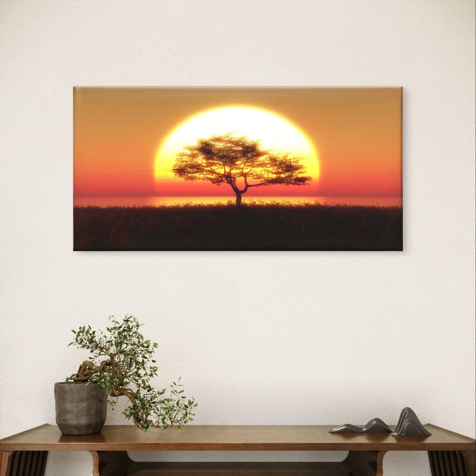 Golden Desert Sunset Tree Silhouette Wall Art Canvas Office Home Framed 120x60cm