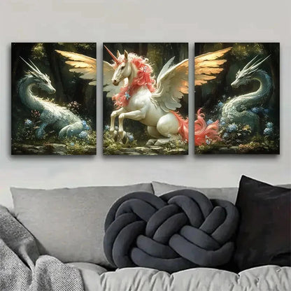 3pcs Unicorn with Wings and Dragons Perfect Wall Art Set Canvas Framed 40x60cm - High Quality Print 100% Australian Made Wall Canvas Ready to Hang