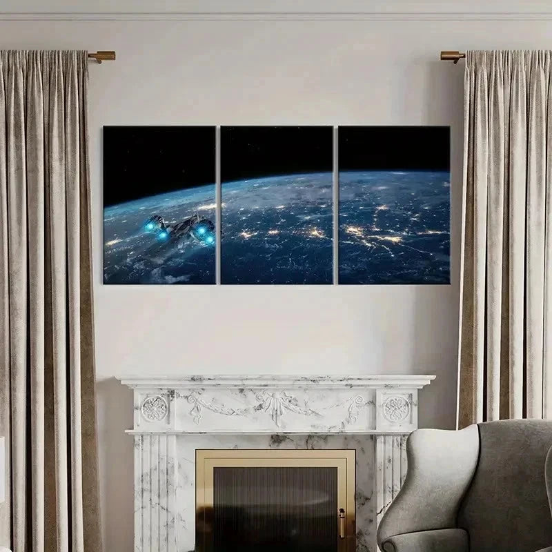 3pcs Outer Space Earth Spaceship Design Wall Art Set Canvas Framed 40x60cm - High Quality Print 100% Australian Made Wall Canvas Ready to Hang