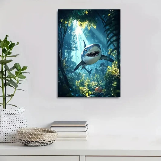 Cartoon Style Scene Of Shark Playing with a Ball 40x60cm Metal Print Ready to Hang