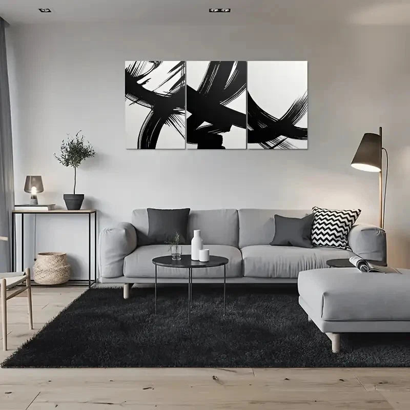 3pcs Abstract Black and White Brushstroke Metal Print Ready to Hang Art