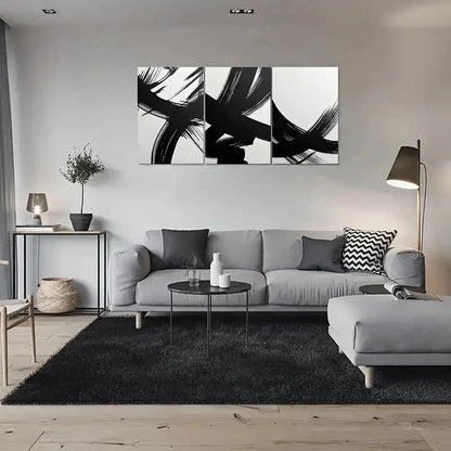 3pcs Abstract Black and White Brushstroke Metal Print Ready to Hang Art