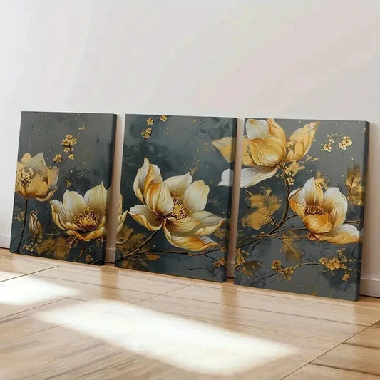 3pcs Elegant Golden Floral Decoration Wall Art Set Canvas Framed 40x60cm - High Quality Print 100% Australian Made Wall Canvas Ready to Hang