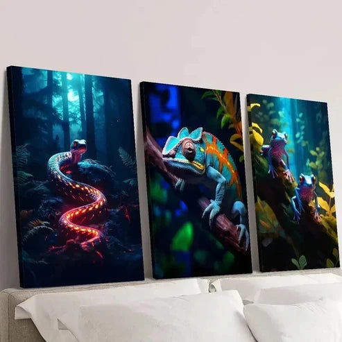 3pcs Colorful Chameleon Snake & Psychedelic Frog Wall Art Canvas Unframed - High Quality Print 100% Australian Made Wall Canvas