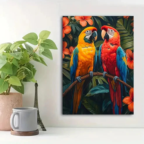 Beautiful Vibrant Macaws Tropical Flowers Painting 60x90cm Metal Print Ready to Hang