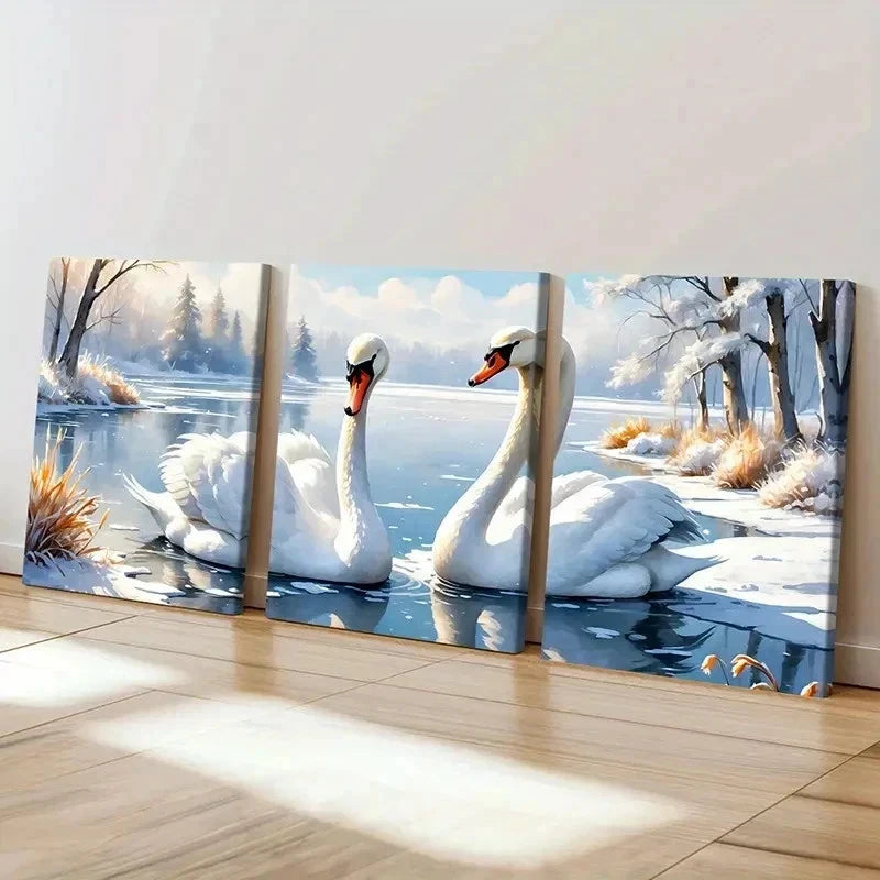 3pcs Two Swans In The Lake Vintage Wall Art Set Canvas Framed 40x60cm - High Quality Print 100% Australian Made Wall Canvas Ready to Hang