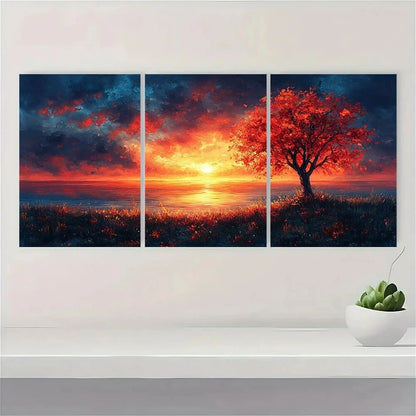 3pcs Whimsical Sunset Beach Scenery Trees Metal Print Ready to Hang Art