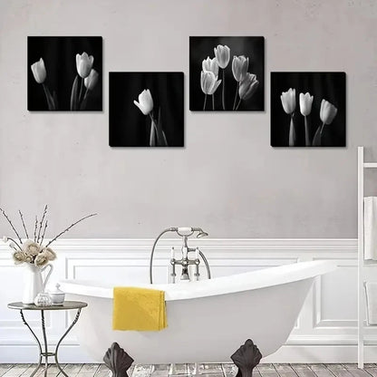 4pcs 4 Piece Black And White Flower Wall Art Canvas Framed