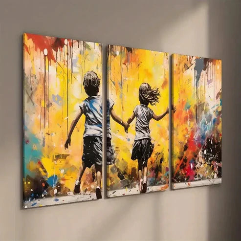 3pcs Boy And Girl Running on a Street Wall Art Set Canvas Unframed - High Quality Print 100% Australian Made Wall Canvas