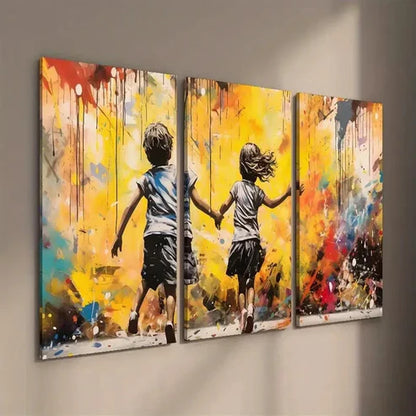 3pcs Boy And Girl Running on a Street Wall Art Set Canvas Unframed - High Quality Print 100% Australian Made Wall Canvas