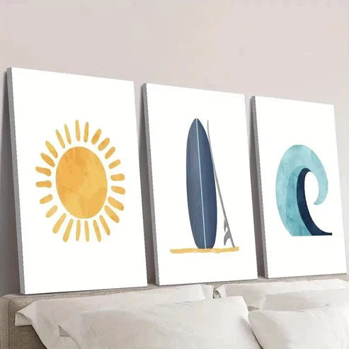 3pcs Sunshine Doodle Blue Surfboard & Wave  Art Set Canvas Unframed - High Quality Print 100% Australian Made Wall Canvas