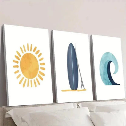 3pcs Sunshine Doodle Blue Surfboard & Wave  Art Set Canvas Unframed - High Quality Print 100% Australian Made Wall Canvas