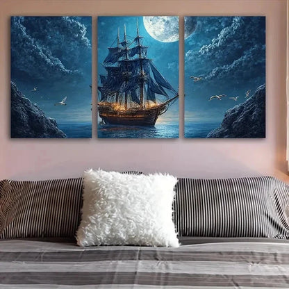 3pcs Sailing Ship At Night Wall Art Set Canvas Framed 50x70cm - High Quality Print 100% Australian Made Wall Canvas Ready to Hang