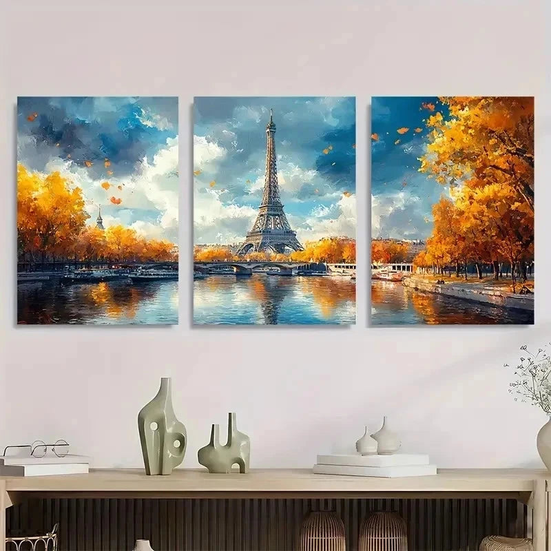 3pcs Paris Eiffel Tower Watercolor Seine Perfect Wall Art Set Canvas Framed 40x60cm - High Quality Print 100% Australian Made Wall Canvas Ready to Hang