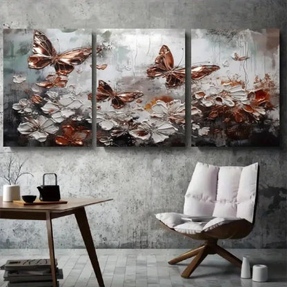 3pcs Golden Butterflies & White Flowers Metal Print Ready to Hang Art