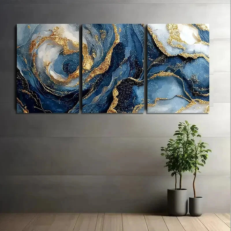 3pcs Abstract Swirling Patterns of Blue Purple Metal Print Ready to Hang Art