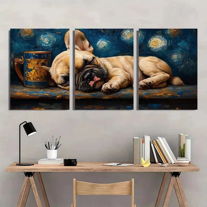 3pcs Bulldog Sleeping Van Gogh Starry Night Metal Print Ready to Hang Art